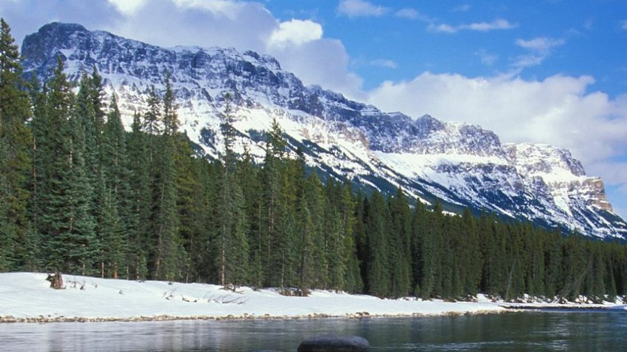 Bow River and Castle Mountain in Banff National Park, Alberta, Canada