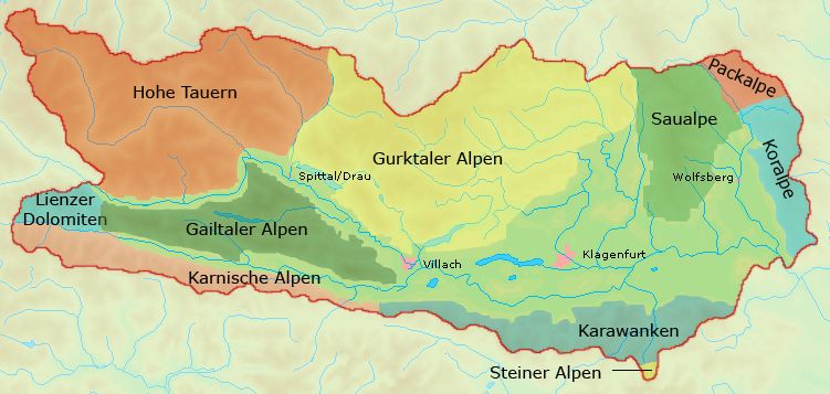 Map of Mountains in Carinthia State of Austria