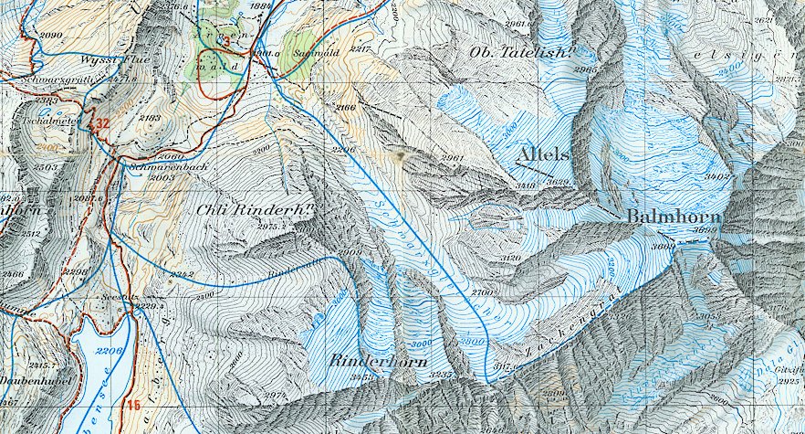 Map with ascent route of Rinderhorn in the Bernese Oberlands of Switzerland