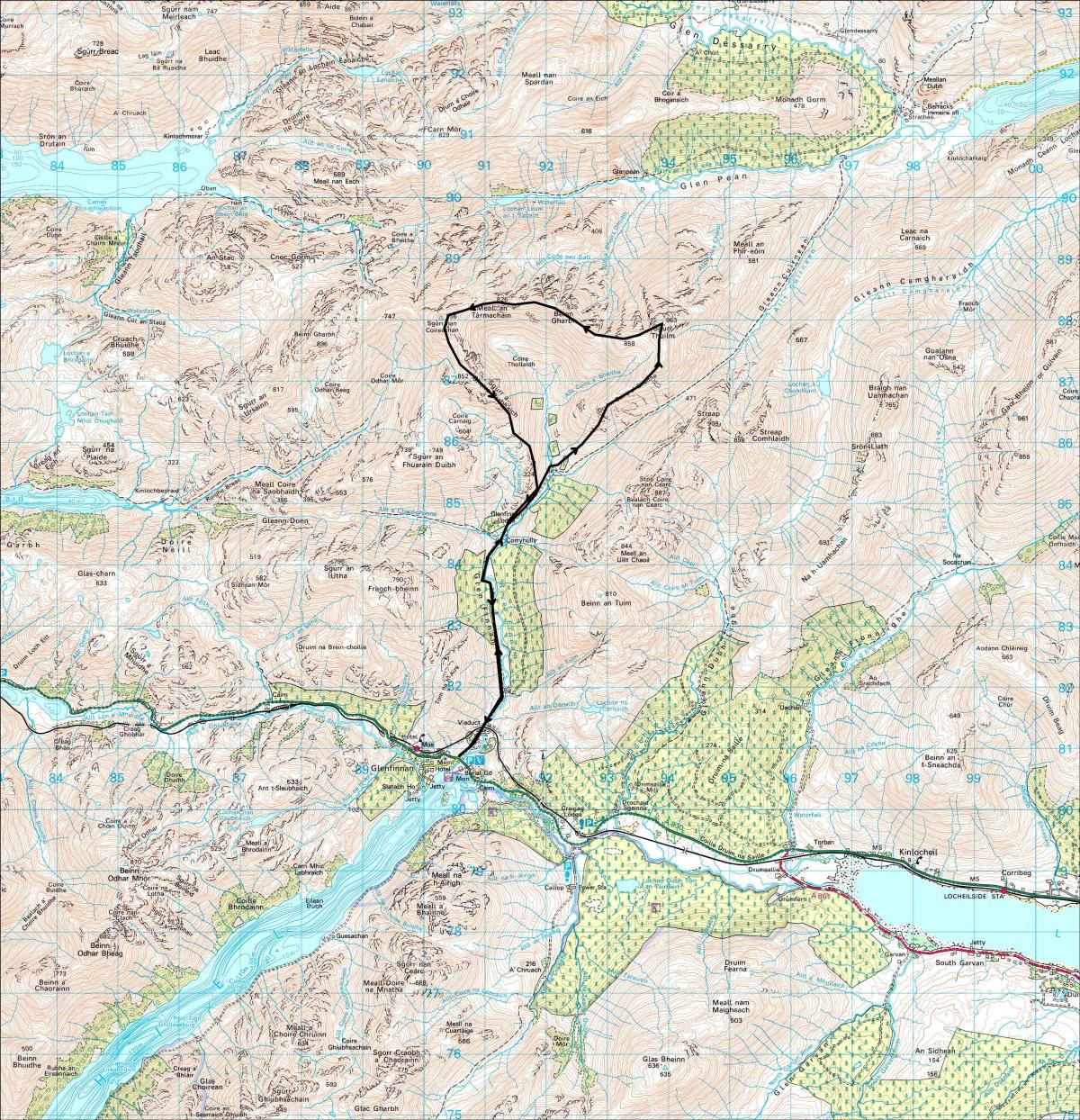 Map for Sgurr Thuilm and Sgurr nan Coireachan to the north of Glenfinnan in Lochaber in Western Highlands of Scotland