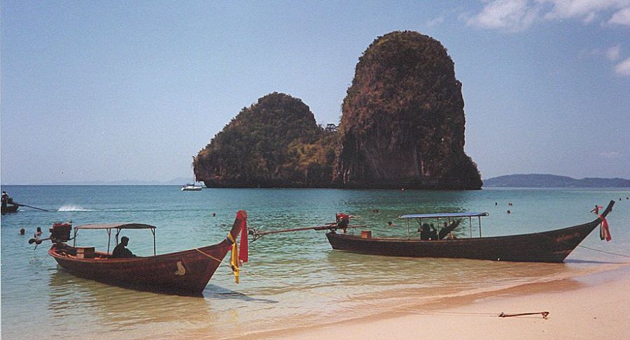 Beach and Limestone Rock Islets at Hat Tham Phra Nang near Krabi in Southern Thailand